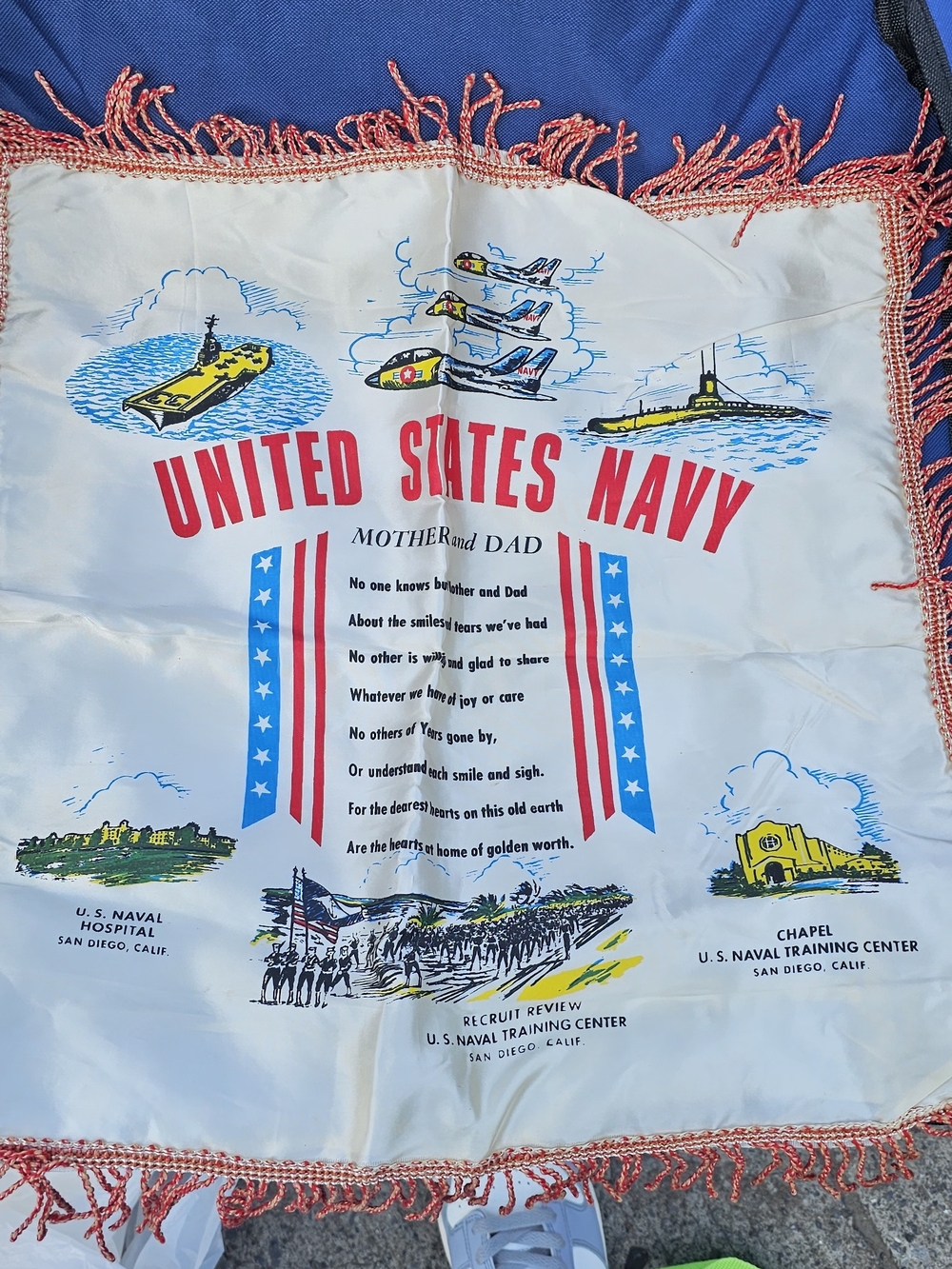 United States Navy Souvenir Fringe Pillow Cover - Patriotic Red, Blue, White